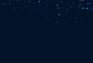 Açık mavi, poker sembollü sarı vektör şablonu. Renkli resimler, kalpler, maça, sinek, elmas. Kitapçıklar, kumarhanelerin broşürleri..