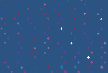 Açık mavi, iskambil kağıtlı kırmızı vektör dokusu. Kalplerle, maça, sinek ve elmaslarla parlayan illüstrasyon. Kumarhane reklamınız için akıllı tasarım.