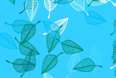 Açık mavi, yeşil vektör karalama kapağı. Doğal yaprağı olan zarif, parlak bir illüstrasyon. Web, broşür ve tekstil için el yapımı tasarım..