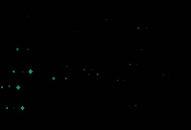 Koyu mavi, daireleri, çizgileri, dikdörtgenleri olan yeşil vektör düzeni. Renkli daireler, üçgenler, kareler çizilmiş bir resim. Duvar kağıtları için şablon.