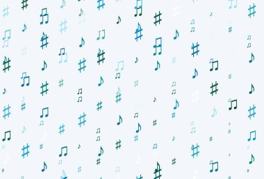 Açık Mavi, müzik sembollü yeşil vektör arkaplan. Melodi tuşları olan modern soyut çizimler. Fasion dergileri için şablon.