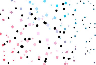 Açık mavi, kırmızı vektör çemberli çokgen biçiminde. Renkli noktaları, çizgileri, küpleri olan soyut çizimler. Reklamlar için desen.