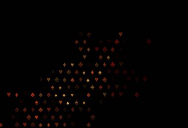 Koyu sarı, iskambil kağıtlı turuncu vektör dokusu. Kupa, maça, sinek ve elmasların olduğu bir resim. Kumarhane reklamınız için akıllı tasarım.