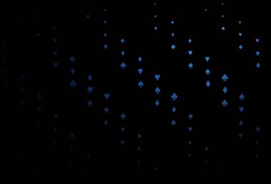 Koyu mavi vektör düzeni ve kart elemanları. Kupa, maça, sinek ve elmasların olduğu bir resim. Poker oyunları ve etkinlikler broşürleri için desen.