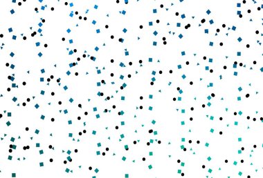 Açık mavi, daireleri, çizgileri, dikdörtgenleri olan yeşil vektör düzeni. Çemberler, üçgenler ve küplerle soyut gradyan çizimi. Reklamınız, posteriniz, afişiniz için en iyi tasarım.