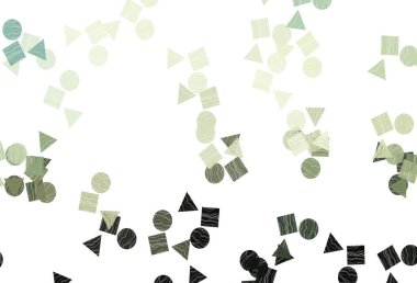 Açık yeşil vektör düzeni daireler, çizgiler, dikdörtgenler. Renkli noktaları, çizgileri, küpleri olan soyut çizimler. Reklamlar için desen.