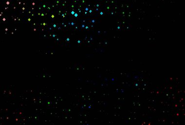 Koyu renk, gökkuşağı vektör arkaplanı çizgiler, daireler, eşkenar dörtgenler. Çemberler, üçgenler ve küplerle soyut gradyan çizimi. İş ilanınız için akıllı tasarım.