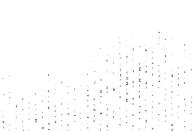 Aritmetik işaretli açık mor vektör deseni. Soyut şablonun üzerinde sayısal semboller olan illüstrasyon. Okul ve dil bilgisi siteleri için desen.
