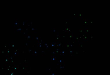 Koyu mavi, çemberli çokgen şekilli yeşil vektör deseni. Küreler, kareler ve çizgilerle soyut çizimler. Reklamlar için desen.