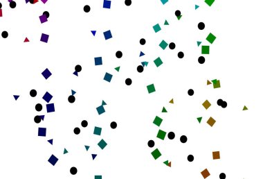 Işık Çokrenkli, gökkuşağı vektör arkaplanı üçgenler, daireler, küplerle. Çemberler, üçgenler ve küplerle soyut gradyan çizimi. Reklamlar için desen.