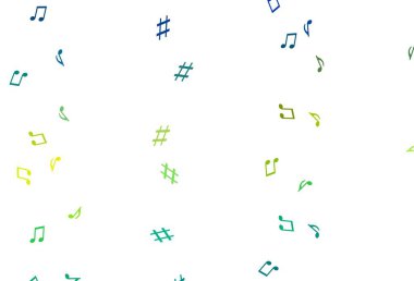 Açık mavi, müzik notalı sarı vektör arkaplan. Melodi tuşları olan modern soyut çizimler. Müzisyenlerin web siteleri için desen.