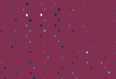 Açık mavi, kırmızı vektör düzeni ve kart elemanları. Kalplerin, maça, sinek ve elmasların bulanık dekoratif tasarımı. Kumarhanelerin kartvizitleri için şablon.