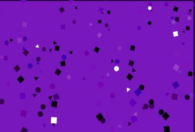 Açık Mor vektör kapağı, çemberli çokgen biçiminde. Renkli daireler, üçgenler, dikdörtgenler. İniş sayfası için modern şablon.