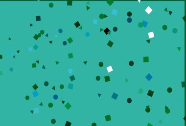 Açık mavi, daireleri, çizgileri, dikdörtgenleri olan yeşil vektör düzeni. Soyut tarzda dekoratif tasarım, çizgiler, noktalar, küplerle. İş ilanınız için akıllı tasarım.