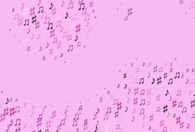 Müzikal sembollü açık pembe vektör şablonu. Melodi tuşları olan modern soyut çizimler. Fasion dergileri için şablon.