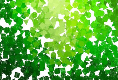 Koyu yeşil, kristalli sarı vektör şablonu, daireler, kareler. Küreler, kareler ve çizgilerle soyut çizimler. İniş sayfası için modern şablon.