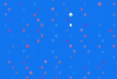 Açık mavi, kırmızı vektör desenli ve kart sembollü. Oyun kartlarının izole sembollerine sahip soyut çizimler. Kitapçıklar, kumarhanelerin broşürleri..