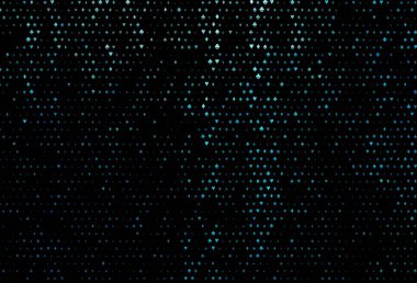 Kart elementli koyu mavi vektör düzeni. Kalplerin, maça, sinek ve elmasların bulanık dekoratif tasarımı. Poker oyunları ve etkinlikler broşürleri için desen.