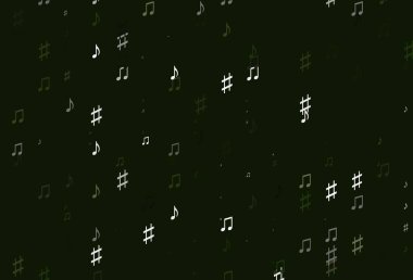 Müzik elementleriyle açık yeşil vektör deseni. Melodi tuşları olan modern soyut çizimler. Okul ilanı, kitapçıklar için şablon.