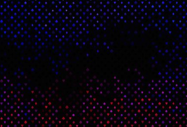 Koyu pembe, mavi vektör düzeni ve kart elemanları. Kupa, maça, sinek ve elmasların olduğu bir resim. Poker oyunları ve etkinlikler broşürleri için desen.