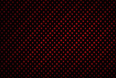 Oyun kartlarıyla koyu kırmızı vektör dokusu. Oyun kartlarının izole sembollerine sahip soyut çizimler. Kumarhanelerin kartvizitleri için şablon.