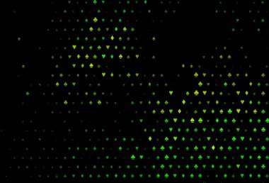 Koyu yeşil, kart elementleriyle birlikte sarı vektör düzeni. Oyun kartlarının izole sembollerine sahip soyut çizimler. Vegas 'ta parti ilanları, etkinlikler.