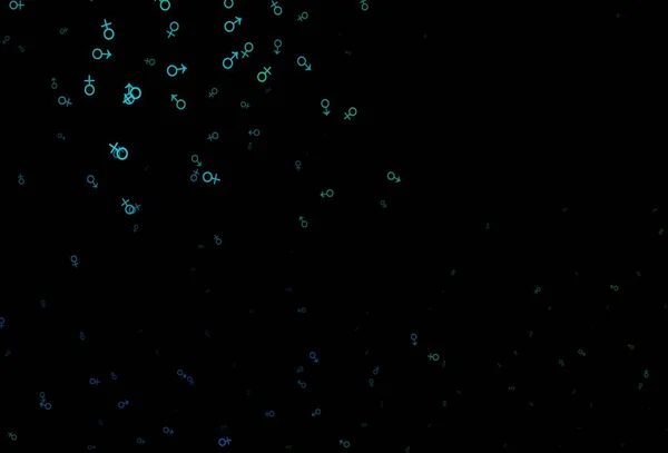 濃い青 緑のベクトルの背景と性別記号 カラフルなグラデーションの性別記号を持つ抽象的なイラスト 現代的なデザインの男女兼用壁紙 — ストックベクタ