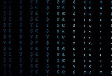 Finansal sembollü koyu mavi vektör dokusu. Dolar, USD, beyaz şablondaki ABD işaretleri. Reklamınız, posteriniz, afişiniz için en iyi tasarım..