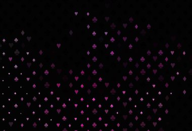 Koyu pembe vektör düzeni ve kart elemanları. Kupa, maça, sinek ve elmasların olduğu bir resim. Kumarhane reklamınız için akıllı tasarım.