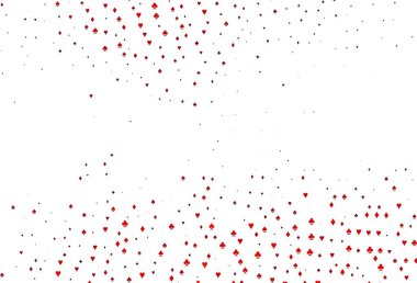 İskambil kağıtlı açık kırmızı vektör dokusu. Kalplerin, maça, sinek ve elmasların işaretleriyle renkli bir değişim. Poker oyunları ve etkinlikler broşürleri için desen.