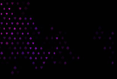 Koyu pembe vektör düzeni ve kart elementleri. Kalplerle, maça, sinek ve elmaslarla parlayan illüstrasyon. Poker oyunları ve etkinlikler broşürleri için desen.