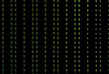 Bankacılık sembollü koyu yeşil vektör düzeni. Beyaz arka planda tüm para birimlerinin renkli sembolleri. Piyasa reklamları, krediler için şablon.