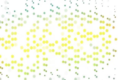 Açık yeşil, sarı vektör dokusu ve renkli kar taneleri. Soyut şablondaki kar ile dekoratif parlak illüstrasyon. Bu kalıp yeni yıl broşürleri için kullanılabilir.