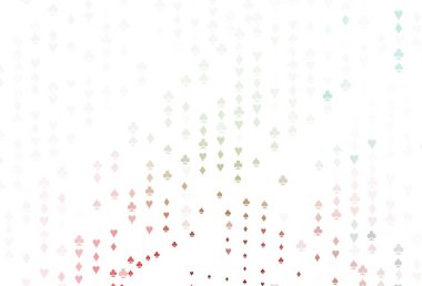 Açık yeşil, kırmızı vektör düzeni ve kart elemanları. Kalplerle, maça, sinek ve elmaslarla parlayan illüstrasyon. Kumarhane reklamınız için akıllı tasarım.