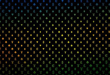 Koyu renk, gökkuşağı vektör düzeni ve kart elemanları. Kalplerin, maça, sinek ve elmasların işaretleriyle renkli bir değişim. Kumarhane reklamınız için akıllı tasarım.