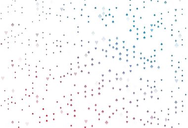 Açık mavi, poker sembollü kırmızı vektör şablonu. Kalplerin, maça, sinek ve elmasların bulanık dekoratif tasarımı. Kumarhanelerin kartvizitleri için şablon.