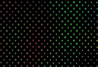 Koyu renk, gökkuşağı vektör örtüsü ve kumar sembolleri. Kalplerle, maça, sinek ve elmaslarla parlayan illüstrasyon. Vegas 'ta parti ilanları, etkinlikler.