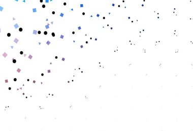 Açık pembe, mavi vektör arkaplan üçgenler, daireler, küplerle. Soyut tarzda dekoratif tasarım, çizgiler, noktalar, küplerle. Reklamlar için desen.