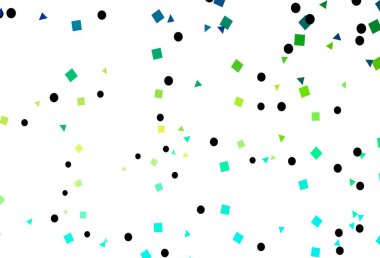 Açık mavi, sarı vektör arkaplan üçgenler, daireler, küplerle. Renkli daireler, üçgenler, kareler çizilmiş bir resim. İniş sayfası için modern şablon.