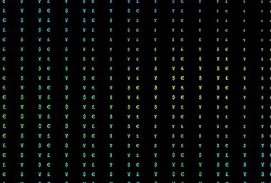 Koyu mavi, bankacılık sembollü sarı vektör düzeni. Para sembollü modern soyut illüstrasyon. Kalıp reklam, poster ve ödemeler için pankart olarak kullanılabilir.