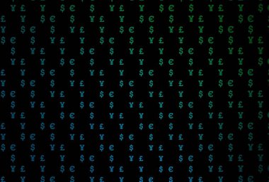 Koyu mavi, yeşil vektör desenli EUR, USD, GBP, JPY. Beyaz arka planda tüm para birimlerinin renkli sembolleri. Kalıp reklam, poster ve ödemeler için pankart olarak kullanılabilir.