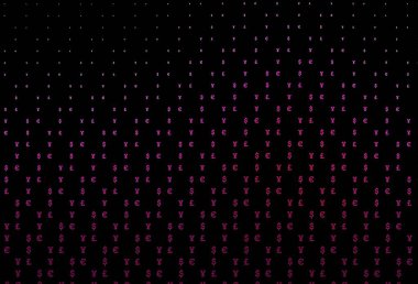 EUR, USD, GBP, JPY ile koyu pembe vektör deseni. Renkli dijital sembollü soyut illüstrasyon. Bu model finansal ve yatırım web siteleri için kullanılabilir.