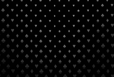 Koyu gümüş, kart işaretli gri vektör arkaplan. Kalplerle, maça, sinek ve elmaslarla parlayan illüstrasyon. Kumarhanelerin kartvizitleri için şablon.