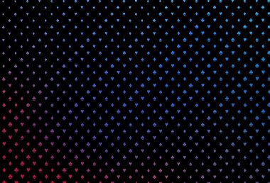 Koyu mavi, kırmızı vektör kapaklı, kumar sembollü. Renkli resimler, kalpler, maça, sinek, elmas. Kumarhane reklamınız için akıllı tasarım.