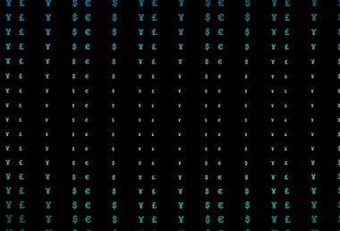 Koyu yeşil, sarı vektör arka planı EUR, USD, GBP, JPY. Renkli dijital sembollü soyut illüstrasyon. Ekonomi ve zenginlik reklamınız için akıllıca bir tasarım..
