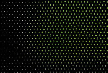 Koyu yeşil vektör deseni ve kart sembolü. Oyun kartlarının izole sembollerine sahip soyut çizimler. Vegas 'ta parti ilanları, etkinlikler.