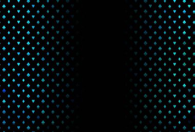 Koyu mavi, üzerinde kart sembolü olan yeşil vektör deseni. Oyun kartlarının izole sembollerine sahip soyut çizimler. Poker oyunları ve etkinlikler broşürleri için desen.