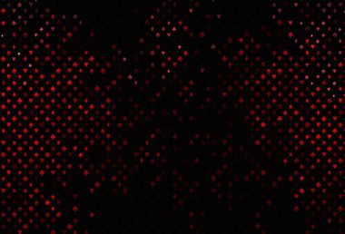 Kumarın sembolleriyle kaplanmış koyu kırmızı vektör. Kalplerle, maça, sinek ve elmaslarla parlayan illüstrasyon. Poker oyunları ve etkinlikler broşürleri için desen.