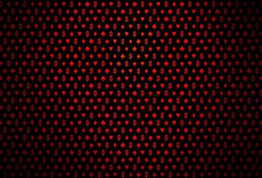 Koyu kırmızı vektör düzeni ve kart elemanları. Kalplerin, maça, sinek ve elmasların işaretleriyle renkli bir değişim. Reklam, poster ve kumar siteleri için tasarım.