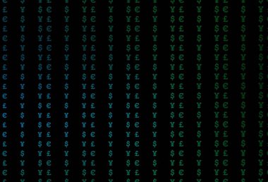 Koyu mavi, yeşil vektör arka planı EUR, USD, GBP, JPY. Renkli dijital sembollü soyut illüstrasyon. Bu model finansal ve yatırım web siteleri için kullanılabilir.